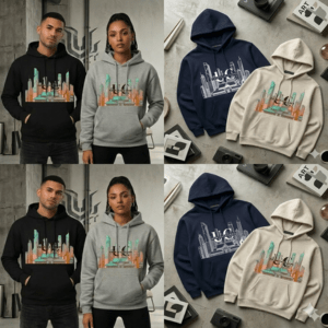 Diseño futurista de una ciudad con el logo de Unykocreations muy colorido.