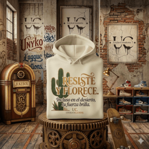 Diseño minimalista sobre un cactus en el medio del desierto con una hermosa frase: RESISTE Y FLORECE; INCLUSO EN EL DESIERTO, TU FUERZA BRILLA.