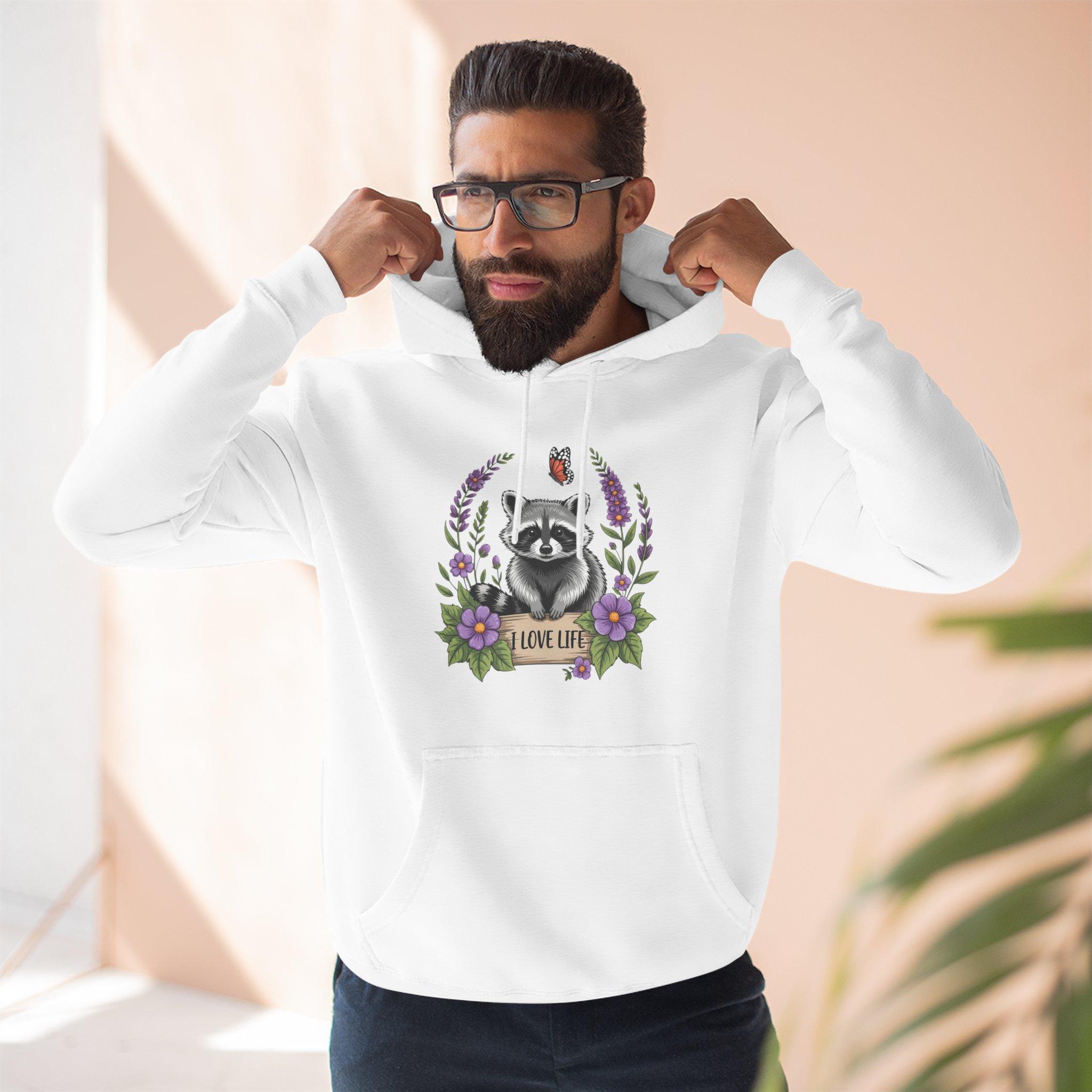 Raccoon Floral 'Love Life' Hoodie – Cute Woodland Animal Pullover 1 Raccoon Floral 'Love Life' Hoodie – Cute Woodland Animal Pullover