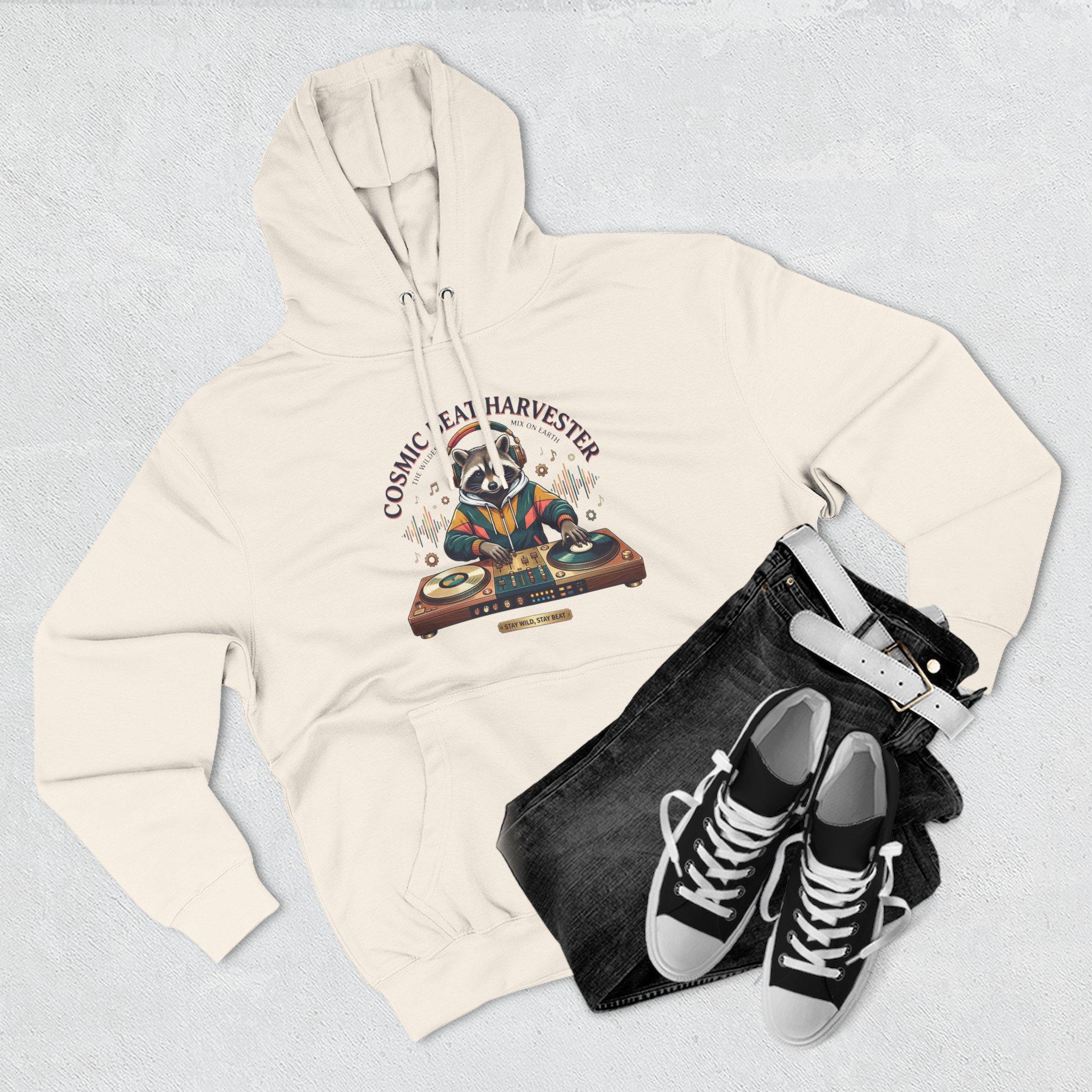 DJ Raccoon 'Cosmic Beat Harvester' Fleece Hoodie — Graphic Music Lover Pullover 1 DJ Raccoon 'Cosmic Beat Harvester' Fleece Hoodie — Graphic Music Lover Pullover