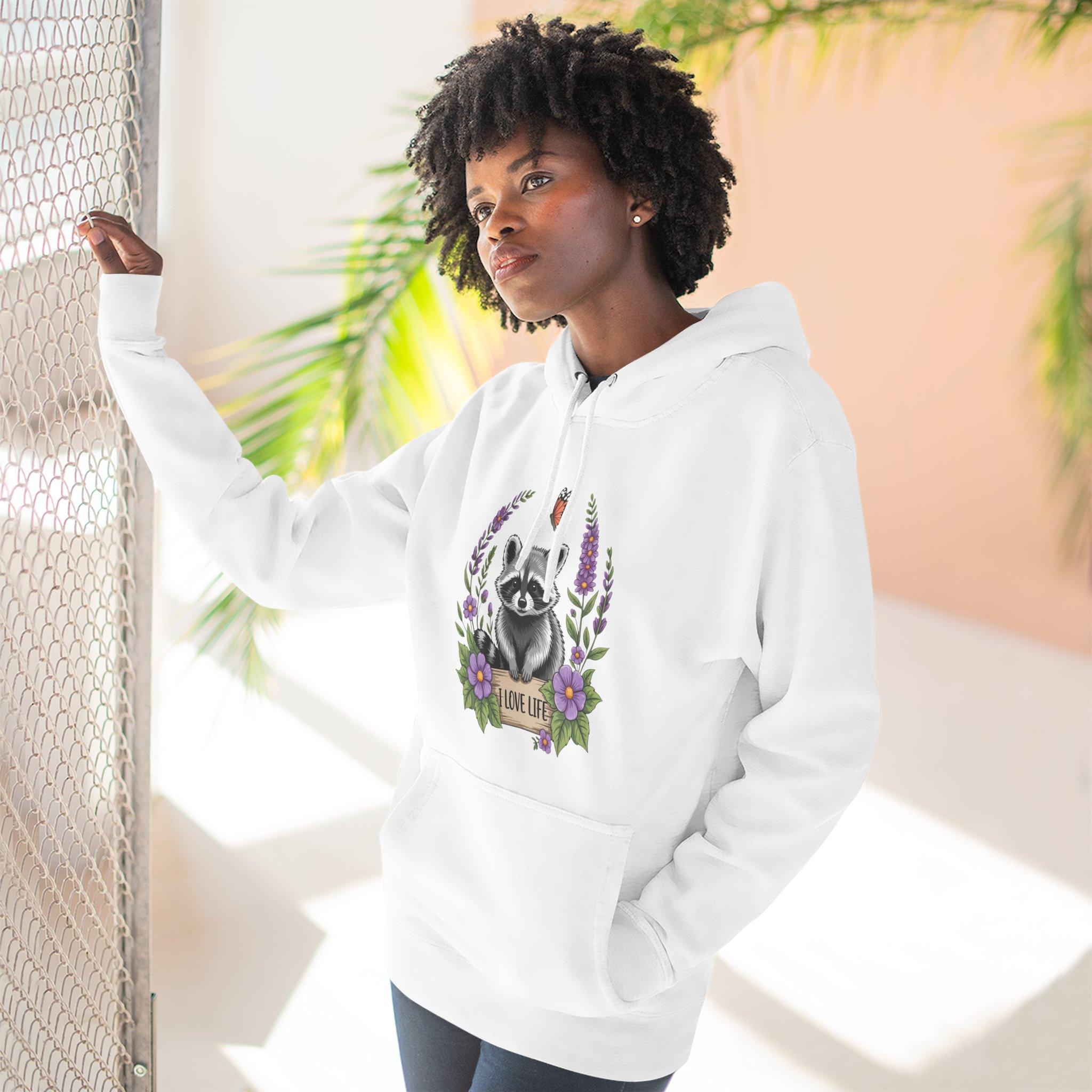Raccoon Floral 'Love Life' Hoodie – Cute Woodland Animal Pullover 4 Raccoon Floral 'Love Life' Hoodie – Cute Woodland Animal Pullover - Imagen 4
